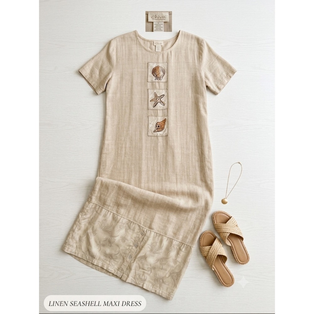 90s Coastal Linen Seashell Maxi Dress Tan